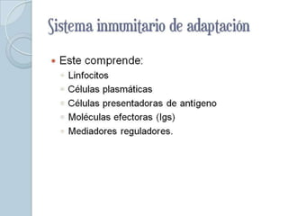 Sistema inmunitario de
adaptación
   Este comprende:
    ◦   Linfocitos
    ◦   Células plasmáticas
    ◦   Células presentadoras de antígeno
    ◦   Moléculas efectoras (Igs)
    ◦   Mediadores reguladores.
 