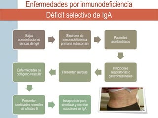 Enfermedades por inmunodeficiencia
             Déficit selectivo de IgA

       Bajas              Síndrome de
                                                 Pacientes
 concentraciones       inmunodeficiencia
                                               asintomáticos
  séricas de IgA      primaria más común




                                                 Infecciones
 Enfermedades de
                      Presentan alergias       respiratorias o
 colágeno vascular
                                              gastrointestinales




     Presentan         Incapacidad para
cantidades normales   sintetizar y secretar
    de células B       subclases de IgA
 