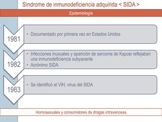 Síndrome de inmunodeficiencia adquirida < SIDA >
                                Epidemiología



        • Documentado por primera vez en Estados Unidos
1981
        • Infecciones inusuales y aparición de sarcoma de Kaposi reflejaban
          una inmunodeficiencia subyacente
1982    • Acrónimo SIDA


        • Se identificó el VIH, virus del SIDA
1983

             Homosexuales y consumidores de drogas intravenosas
 