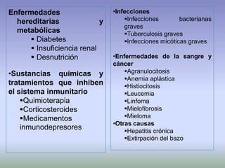 Enfermedades
hereditarias y
metabólicas
 Diabetes
 Insuficiencia renal
 Desnutrición
•Sustancias químicas y
tratamientos que inhiben
el sistema inmunitario
Quimioterapia
Corticosteroides
Medicamentos
inmunodepresores
•Infecciones
Infecciones bacterianas
graves
Tuberculosis graves
Infecciones micóticas graves
•Enfermedades de la sangre y
cáncer
Agranulocitosis
Anemia aplástica
Histiocitosis
Leucemia
Linfoma
Mielofibrosis
Mieloma
•Otras causas
Hepatitis crónica
Extirpación del bazo
 