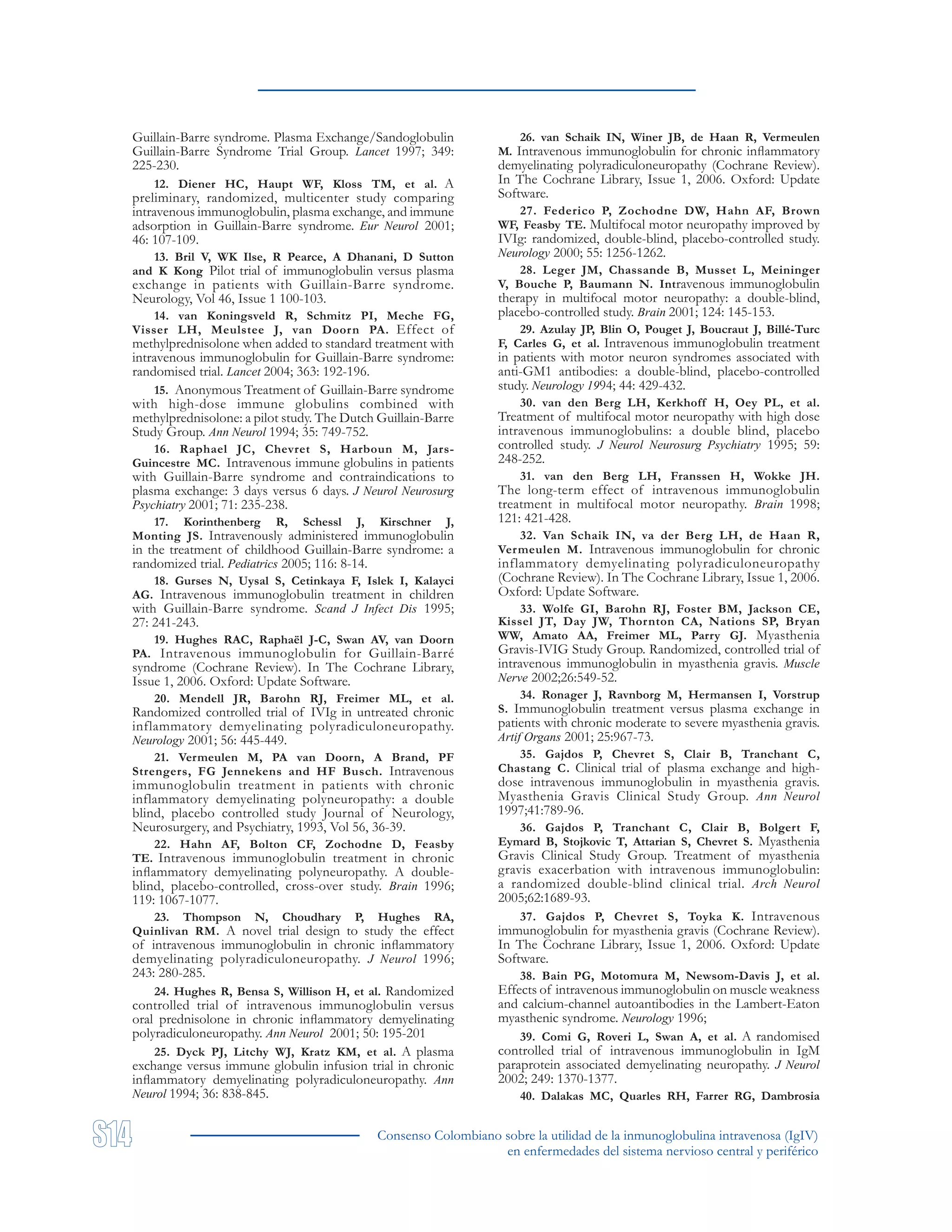 Consenso Colombiano sobre la utilidad de la inmunoglobulina intravenosa (IgIV)
en enfermedades del sistema nervioso central y periférico
Guillain-Barre syndrome. Plasma Exchange/Sandoglobulin
Guillain-Barre Syndrome Trial Group. Lancet 1997; 349:
225-230.
12. Diener HC, Haupt WF, Kloss TM, et al. A
preliminary, randomized, multicenter study comparing
intravenous immunoglobulin, plasma exchange, and immune
adsorption in Guillain-Barre syndrome. Eur Neurol 2001;
46: 107-109.
13. Bril V, WK Ilse, R Pearce, A Dhanani, D Sutton
and K Kong Pilot trial of immunoglobulin versus plasma
exchange in patients with Guillain-Barre syndrome.
Neurology, Vol 46, Issue 1 100-103.
14. van Koningsveld R, Schmitz PI, Meche FG,
Visser LH, Meulstee J, van Doorn PA. Effect of
methylprednisolone when added to standard treatment with
intravenous immunoglobulin for Guillain-Barre syndrome:
randomised trial. Lancet 2004; 363: 192-196.
15. Anonymous Treatment of Guillain-Barre syndrome
with high-dose immune globulins combined with
methylprednisolone: a pilot study. The Dutch Guillain-Barre
Study Group. Ann Neurol 1994; 35: 749-752.
16. Raphael JC, Chevret S, Harboun M, Jars-
Guincestre MC. Intravenous immune globulins in patients
with Guillain-Barre syndrome and contraindications to
plasma exchange: 3 days versus 6 days. J Neurol Neurosurg
Psychiatry 2001; 71: 235-238.
17. Korinthenberg R, Schessl J, Kirschner J,
Monting JS. Intravenously administered immunoglobulin
in the treatment of childhood Guillain-Barre syndrome: a
randomized trial. Pediatrics 2005; 116: 8-14.
18. Gurses N, Uysal S, Cetinkaya F, Islek I, Kalayci
AG. Intravenous immunoglobulin treatment in children
with Guillain-Barre syndrome. Scand J Infect Dis 1995;
27: 241-243.
19. Hughes RAC, Raphaël J-C, Swan AV, van Doorn
PA. Intravenous immunoglobulin for Guillain-Barré
syndrome (Cochrane Review). In The Cochrane Library,
Issue 1, 2006. Oxford: Update Software.
20. Mendell JR, Barohn RJ, Freimer ML, et al.
Randomized controlled trial of IVIg in untreated chronic
inflammatory demyelinating polyradiculoneuropathy.
Neurology 2001; 56: 445-449.
21. Vermeulen M, PA van Doorn, A Brand, PF
Strengers, FG Jennekens and HF Busch. Intravenous
immunoglobulin treatment in patients with chronic
inflammatory demyelinating polyneuropathy: a double
blind, placebo controlled study Journal of Neurology,
Neurosurgery, and Psychiatry, 1993, Vol 56, 36-39.
22. Hahn AF, Bolton CF, Zochodne D, Feasby
TE. Intravenous immunoglobulin treatment in chronic
inflammatory demyelinating polyneuropathy. A double-
blind, placebo-controlled, cross-over study. Brain 1996;
119: 1067-1077.
23. Thompson N, Choudhary P, Hughes RA,
Quinlivan RM. A novel trial design to study the effect
of intravenous immunoglobulin in chronic inflammatory
demyelinating polyradiculoneuropathy. J Neurol 1996;
243: 280-285.
24. Hughes R, Bensa S, Willison H, et al. Randomized
controlled trial of intravenous immunoglobulin versus
oral prednisolone in chronic inflammatory demyelinating
polyradiculoneuropathy. Ann Neurol 2001; 50: 195-201
25. Dyck PJ, Litchy WJ, Kratz KM, et al. A plasma
exchange versus immune globulin infusion trial in chronic
inflammatory demyelinating polyradiculoneuropathy. Ann
Neurol 1994; 36: 838-845.
26. van Schaik IN, Winer JB, de Haan R, Vermeulen
M. Intravenous immunoglobulin for chronic inflammatory
demyelinating polyradiculoneuropathy (Cochrane Review).
In The Cochrane Library, Issue 1, 2006. Oxford: Update
Software.
27. Federico P, Zochodne DW, Hahn AF, Brown
WF, Feasby TE. Multifocal motor neuropathy improved by
IVIg: randomized, double-blind, placebo-controlled study.
Neurology 2000; 55: 1256-1262.
28. Leger JM, Chassande B, Musset L, Meininger
V, Bouche P, Baumann N. Intravenous immunoglobulin
therapy in multifocal motor neuropathy: a double-blind,
placebo-controlled study. Brain 2001; 124: 145-153.
29. Azulay JP, Blin O, Pouget J, Boucraut J, Billé-Turc
F, Carles G, et al. Intravenous immunoglobulin treatment
in patients with motor neuron syndromes associated with
anti-GM1 antibodies: a double-blind, placebo-controlled
study. Neurology 1994; 44: 429-432.
30. van den Berg LH, Kerkhoff H, Oey PL, et al.
Treatment of multifocal motor neuropathy with high dose
intravenous immunoglobulins: a double blind, placebo
controlled study. J Neurol Neurosurg Psychiatry 1995; 59:
248-252.
31. van den Berg LH, Franssen H, Wokke JH.
The long-term effect of intravenous immunoglobulin
treatment in multifocal motor neuropathy. Brain 1998;
121: 421-428.
32. Van Schaik IN, va der Berg LH, de Haan R,
Vermeulen M. Intravenous immunoglobulin for chronic
inflammatory demyelinating polyradiculoneuropathy
(Cochrane Review). In The Cochrane Library, Issue 1, 2006.
Oxford: Update Software.
33. Wolfe GI, Barohn RJ, Foster BM, Jackson CE,
Kissel JT, Day JW, Thornton CA, Nations SP, Bryan
WW, Amato AA, Freimer ML, Parry GJ. Myasthenia
Gravis-IVIG Study Group. Randomized, controlled trial of
intravenous immunoglobulin in myasthenia gravis. Muscle
Nerve 2002;26:549-52.
34. Ronager J, Ravnborg M, Hermansen I, Vorstrup
S. Immunoglobulin treatment versus plasma exchange in
patients with chronic moderate to severe myasthenia gravis.
Artif Organs 2001; 25:967-73.
35. Gajdos P, Chevret S, Clair B, Tranchant C,
Chastang C. Clinical trial of plasma exchange and high-
dose intravenous immunoglobulin in myasthenia gravis.
Myasthenia Gravis Clinical Study Group. Ann Neurol
1997;41:789-96.
36. Gajdos P, Tranchant C, Clair B, Bolgert F,
Eymard B, Stojkovic T, Attarian S, Chevret S. Myasthenia
Gravis Clinical Study Group. Treatment of myasthenia
gravis exacerbation with intravenous immunoglobulin:
a randomized double-blind clinical trial. Arch Neurol
2005;62:1689-93.
37. Gajdos P, Chevret S, Toyka K. Intravenous
immunoglobulin for myasthenia gravis (Cochrane Review).
In The Cochrane Library, Issue 1, 2006. Oxford: Update
Software.
38. Bain PG, Motomura M, Newsom-Davis J, et al.
Effects of intravenous immunoglobulin on muscle weakness
and calcium-channel autoantibodies in the Lambert-Eaton
myasthenic syndrome. Neurology 1996;
39. Comi G, Roveri L, Swan A, et al. A randomised
controlled trial of intravenous immunoglobulin in IgM
paraprotein associated demyelinating neuropathy. J Neurol
2002; 249: 1370-1377.
40. Dalakas MC, Quarles RH, Farrer RG, Dambrosia
 