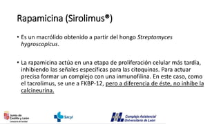 Rapamicina (Sirolimus®)
• Es un macrólido obtenido a partir del hongo Streptomyces
hygroscopicus.
• La rapamicina actúa en una etapa de proliferación celular más tardía,
inhibiendo las señales específicas para las citoquinas. Para actuar
precisa formar un complejo con una inmunofilina. En este caso, como
el tacrolimus, se une a FKBP-12, pero a diferencia de éste, no inhibe la
calcineurina.
 