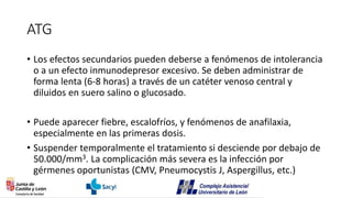 ATG
• Los efectos secundarios pueden deberse a fenómenos de intolerancia
o a un efecto inmunodepresor excesivo. Se deben administrar de
forma lenta (6-8 horas) a través de un catéter venoso central y
diluidos en suero salino o glucosado.
• Puede aparecer fiebre, escalofríos, y fenómenos de anafilaxia,
especialmente en las primeras dosis.
• Suspender temporalmente el tratamiento si desciende por debajo de
50.000/mm3. La complicación más severa es la infección por
gérmenes oportunistas (CMV, Pneumocystis J, Aspergillus, etc.)
 