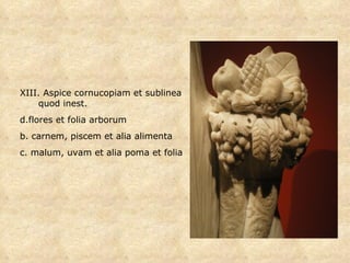 XIII. Aspice cornucopiam et sublinea quod inest. flores et folia arborum b. carnem, piscem et alia alimenta c. malum, uvam et alia poma et folia 