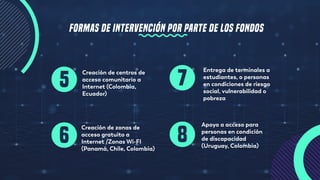 Creación de centros de
acceso comunitario a
Internet (Colombia,
Ecuador)
Apoyo a acceso para
personas en condición
de discapacidad
(Uruguay, Colombia)
5
6
Creación de zonas de
acceso gratuito a
Internet /Zonas Wi-FI
(Panamá, Chile, Colombia)
Entrega de terminales a
estudiantes, o personas
en condiciones de riesgo
social, vulnerabilidad o
pobreza
7
8
FORMAS DE INTERVENCIÓN POR PARTE DE LOS FONDOS
 