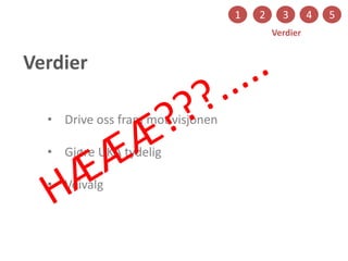 Verdier
1 2 3 4 5
Verdier
• Drive oss fram mot visjonen
• Gjøre UKA tydelig
• Veivalg
 