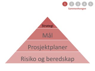 1 2 3 4 5
Sammenhengen
Strategi
Mål
Prosjektplaner
Risiko og beredskap
 