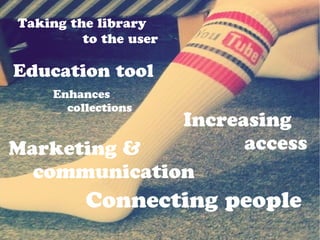Taking the library
to the user
Education tool
Marketing &
communication
Increasing
access
Connecting people
Enhances
collections
 