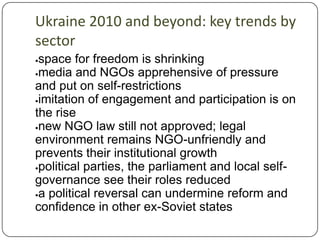 Ukraine 2010 and beyond: key trends by sectorspace for freedom is shrinking