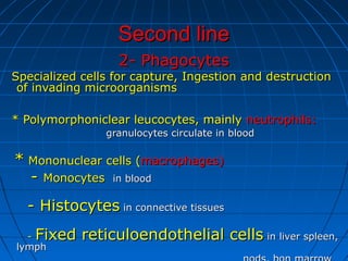 Second lineSecond line
2- Phagocytes2- Phagocytes
Specialized cells for capture, Ingestion and destructionSpecialized cells for capture, Ingestion and destruction
of invading microorganismsof invading microorganisms
* Polymorphoniclear leucocytes, mainly* Polymorphoniclear leucocytes, mainly neutrophils:neutrophils:
granulocytes circulate in bloodgranulocytes circulate in blood
** Mononuclear cells (Mononuclear cells (macrophages)macrophages)
-- MonocytesMonocytes in bloodin blood
- Histocytes- Histocytes in connective tissuesin connective tissues
-- Fixed reticuloendothelial cellsFixed reticuloendothelial cells in liver spleen,in liver spleen,
lymphlymph
 