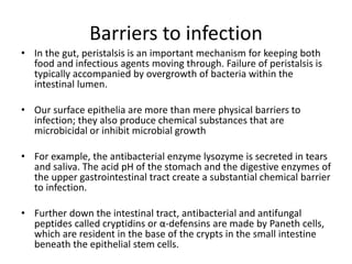 Barriers to infection
• In the gut, peristalsis is an important mechanism for keeping both
food and infectious agents moving through. Failure of peristalsis is
typically accompanied by overgrowth of bacteria within the
intestinal lumen.
• Our surface epithelia are more than mere physical barriers to
infection; they also produce chemical substances that are
microbicidal or inhibit microbial growth
• For example, the antibacterial enzyme lysozyme is secreted in tears
and saliva. The acid pH of the stomach and the digestive enzymes of
the upper gastrointestinal tract create a substantial chemical barrier
to infection.
• Further down the intestinal tract, antibacterial and antifungal
peptides called cryptidins or α-defensins are made by Paneth cells,
which are resident in the base of the crypts in the small intestine
beneath the epithelial stem cells.
 
