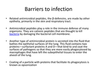 Barriers to infection
• Related antimicrobial peptides, the β-defensins, are made by other
epithelia, primarily in the skin and respiratory tract.
• Antimicrobial peptides play a role in the immune defense of many
organisms. They are cationic peptides that are thought to kill
bacteria by damaging the bacterial cell membrane.
• Another type of antimicrobial protein is secreted into the fluid that
bathes the epithelial surfaces of the lung. This fluid contains two
proteins—surfactant proteins A and D—that bind to and coat the
surfaces of pathogens so that they are more easily phagocytosed by
macrophages that have left the subepithelial tissues to enter the
alveoli of the lung.
• Coating of a particle with proteins that facilitate its phagocytosis is
known as opsonization
 