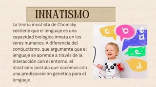 INNATISMO
INNATISMO
La teoría innatista de Chomsky
sostiene que el lenguaje es una
capacidad biológica innata en los
seres humanos. A diferencia del
conductismo, que argumenta que el
lenguaje se aprende a través de la
interacción con el entorno, el
innatismo postula que nacemos con
una predisposición genética para el
lenguaje.
 