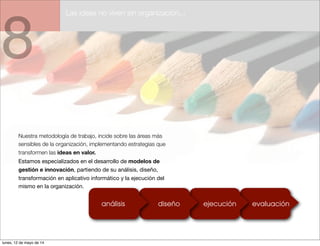 8
Las ideas no viven sin organización...
Nuestra metodología de trabajo, incide sobre las áreas más
sensibles de la organización, implementando estrategias que
transformen las ideas en valor.
Estamos especializados en el desarrollo de modelos de
gestión e innovación, partiendo de su análisis, diseño,
transformación en aplicativo informático y la ejecución del
mismo en la organización.
análisis diseño ejecución evaluación
lunes, 12 de mayo de 14
 