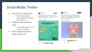 ProPublica 2018ProPublica 2018
Social Media: Twitter
● Less strict on frequency
○ We Tweeted about
#GivingNewsDay over a
dozen times
● Slightly more casual in
copy
○ “Live feed” leaves lots of
room for urgency
● Don’t forget to include
images here, too
 