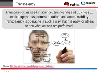 Transparency
Transparency, as used in science, engineering and business …
implies openness, communication, and accountability.
Transparency is operating in such a way that it is easy for others
to see what actions are performed.

Source: http://en.wikipedia.org/wiki/Transparency_(behavior)
10/28/2013

12

 