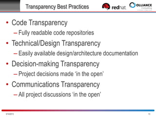 Transparency Best Practices

• Code Transparency
– Fully readable code repositories

• Technical/Design Transparency
– Easily available design/architecture documentation

• Decision-making Transparency
– Project decisions made „in the open‟

• Communications Transparency
– All project discussions „in the open‟
10/28/2013

13

 