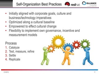 Self-Organization Best Practices
• Initially aligned with corporate goals, culture and
business/technology imperatives
• Optimized along a cultural baseline
• Empowered to effect cultural change
• Flexibility to implement own governance, incentive and
measurement models

Process
1.
2.
3.
4.

Catalyze
Test, measure, refine
Settle
Replicate

10/28/2013

17

 