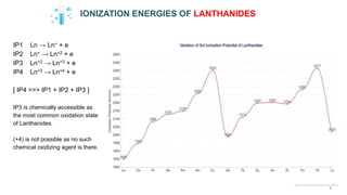 IONIZATION ENERGIES OF LANTHANIDES
IP1 Ln → Ln+ + e
IP2 Ln+ → Ln+2 + e
IP3 Ln+2 → Ln+3 + e
IP4 Ln+3 → Ln+4 + e
[ IP4 >>> IP1 + IP2 + IP3 ]
IP3 is chemically accessible as
the most common oxidation state
of Lanthanides.
(+4) is not possible as no such
chemical oxidizing agent is there.
 