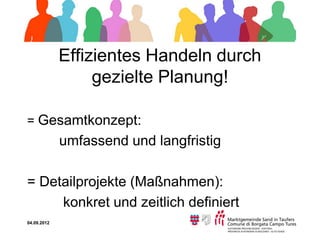 Effizientes Handeln durch
                  gezielte Planung!

= Gesamtkonzept:
             umfassend und langfristig

= Detailprojekte (Maßnahmen):
     konkret und zeitlich definiert
04.09.2012
 