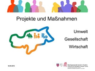 Projekte und Maßnahmen

                                  Umwelt
                              Gesellschaft
                                Wirtschaft



04.09.2012
 