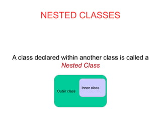 NESTED CLASSES
A class declared within another class is called a
Nested Class
Outer class
Inner class
 