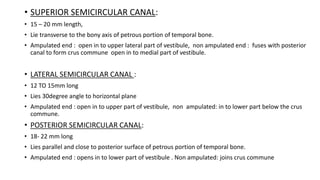 • SUPERIOR SEMICIRCULAR CANAL:
• 15 – 20 mm length,
• Lie transverse to the bony axis of petrous portion of temporal bone.
• Ampulated end : open in to upper lateral part of vestibule, non ampulated end : fuses with posterior
canal to form crus commune open in to medial part of vestibule.
• LATERAL SEMICIRCULAR CANAL :
• 12 TO 15mm long
• Lies 30degree angle to horizontal plane
• Ampulated end : open in to upper part of vestibule, non ampulated: in to lower part below the crus
commune.
• POSTERIOR SEMICIRCULAR CANAL:
• 18- 22 mm long
• Lies parallel and close to posterior surface of petrous portion of temporal bone.
• Ampulated end : opens in to lower part of vestibule . Non ampulated: joins crus commune
 