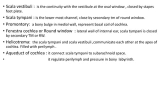 • Scala vestibuli : is the continuity with the vestibule at the oval window , closed by stapes
foot plate.
• Scala tympani : is the lower most channel, close by secondary tm of round window.
• Promontory: a bony bulge in medial wall, represent basal coil of cochlea.
• Fenestra cochlea or Round window : lateral wall of internal ear, scala tympani is closed
by secondary TM or RW.
• Helicotrema: the scala tympani and scala vestibuli ,communicate each other at the apex of
cochlea. Filled with perilymph .
• Aqueduct of cochlea : it connect scala tympani to subarachnoid space.
• it regulate perilymph and pressure in bony labyrinth.
 