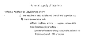 Arterial supply of labyrinth
• Internal Auditory or Labyrinthine artery
• 1) ant vestibular art : utricle and lateral and superior scc.
• 2) common cochlear art:
A) Main cochlear artery : supplies cochlea (80%)
B) Vestibulocochlear artery :
1) Posterior vestibular artery: saccule and posterior scc
2) cochlear branch : 20% of cochlea
 