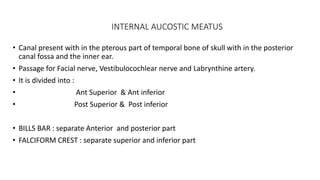 INTERNAL AUCOSTIC MEATUS
• Canal present with in the pterous part of temporal bone of skull with in the posterior
canal fossa and the inner ear.
• Passage for Facial nerve, Vestibulocochlear nerve and Labrynthine artery.
• It is divided into :
• Ant Superior & Ant inferior
• Post Superior & Post inferior
• BILLS BAR : separate Anterior and posterior part
• FALCIFORM CREST : separate superior and inferior part
 