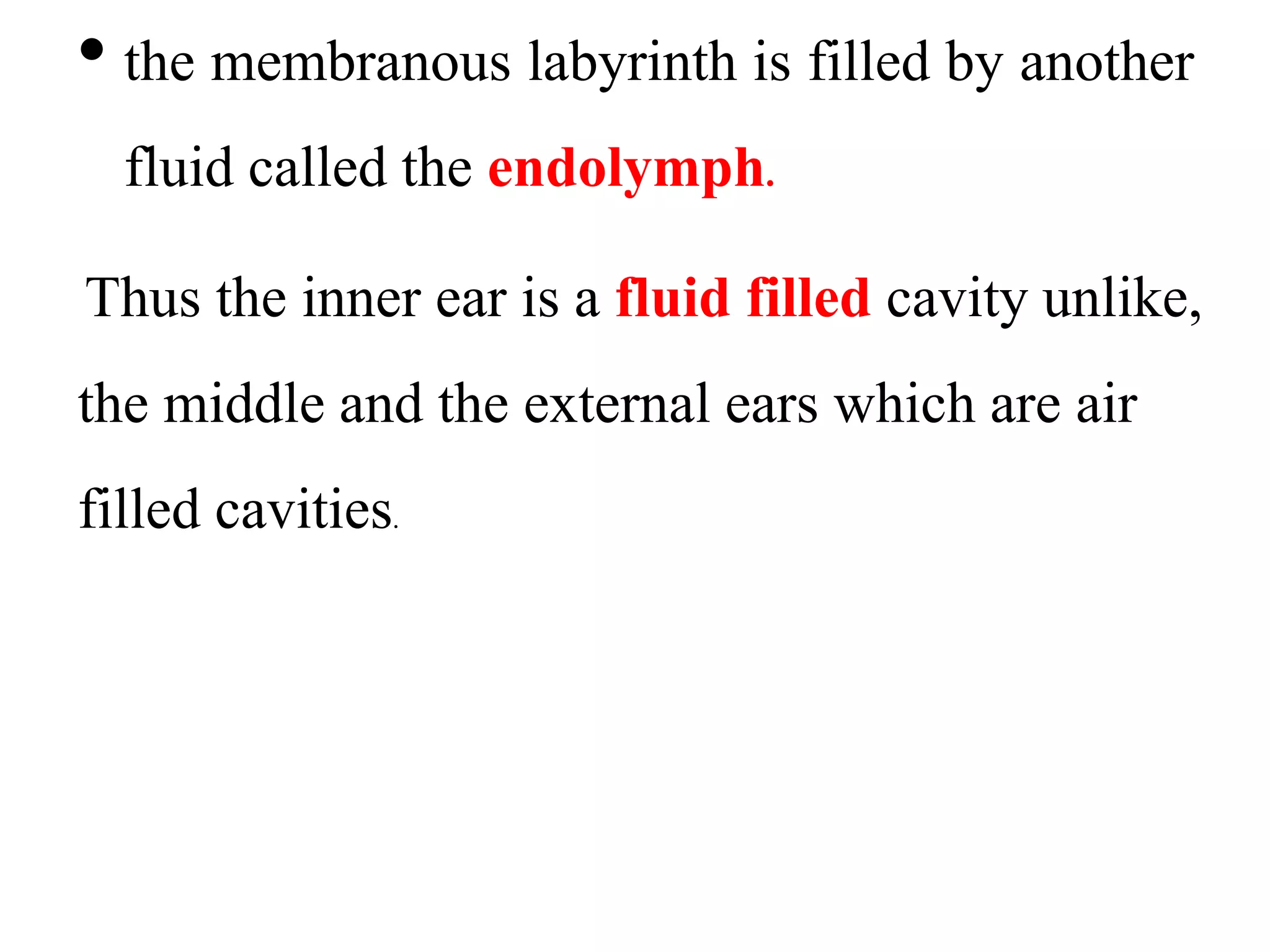 • the membranous labyrinth is filled by another
fluid called the endolymph.
Thus the inner ear is a fluid filled cavity unlike,
the middle and the external ears which are air
filled cavities.
 