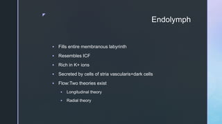 z
Endolymph
 Fills entire membranous labyrinth
 Resembles ICF
 Rich in K+ ions
 Secreted by cells of stria vascularis+dark cells
 Flow:Two theories exist
 Longitudinal theory
 Radial theory
 