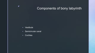 z
Components of bony labyrinth
 Vestibule
 Semicircular canal
 Cochlea
 