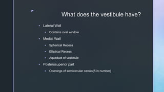 z
What does the vestibule have?
 Lateral Wall
 Contains oval window
 Medial Wall
 Spherical Recess
 Elliptical Recess
 Aqueduct of vestibule
 Posterosuperior part
 Openings of semicircular canals(5 in number)
 