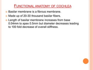 FUNCTIONAL ANATOMY OF COCHLEA
 Basilar membrane is a fibrous membrane.
 Made up of 20-30 thousand basilar fibers.
 Length of basilar membrane increases from base
0.04mm to apex 0.5mm but diameter decreases leading
to 100 fold decrease of overall stiffness.
 