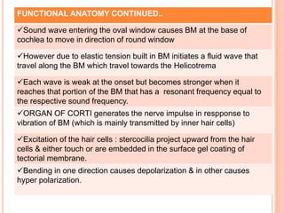FUNCTIONAL ANATOMY CONTINUED..
Sound wave entering the oval window causes BM at the base of
cochlea to move in direction of round window
However due to elastic tension built in BM initiates a fluid wave that
travel along the BM which travel towards the Helicotrema
Each wave is weak at the onset but becomes stronger when it
reaches that portion of the BM that has a resonant frequency equal to
the respective sound frequency.
ORGAN OF CORTI generates the nerve impulse in respponse to
vibration of BM (which is mainly transmitted by inner hair cells)
Excitation of the hair cells : stercocilia project upward from the hair
cells & either touch or are embedded in the surface gel coating of
tectorial membrane.
Bending in one direction causes depolarization & in other causes
hyper polarization.
 