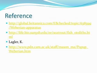 Reference
 http://global.britannica.com/EBchecked/topic/638599

/Weberian-apparatus
 http://life.bio.sunysb.edu/ee/seatrout/fish_otoliths.ht
ml
 Lagler, K.
 http://www.pdn.cam.ac.uk/staff/mason_ma/Popup_
Weberian.htm

 