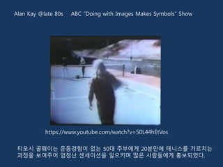 티모시 골웨이는 운동경험이 없는 50대 주부에게 20분만에 테니스를 가르치는
과정을 보여주어 엄청난 센세이션을 일으키며 많은 사람들에게 홍보되었다.
Alan Kay @late 80s ABC ”Doing with Images Makes Symbols” Show
https://www.youtube.com/watch?v=50L44hEtVos
 