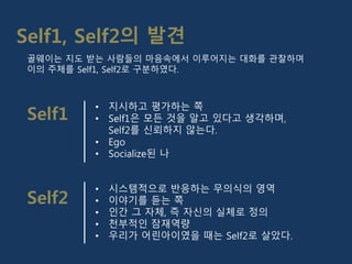 • 지시하고 평가하는 쪽
• Self1은 모든 것을 알고 있다고 생각하며,
Self2를 신뢰하지 않는다.
• Ego
• Socialize된 나
• 시스템적으로 반응하는 무의식의 영역
• 이야기를 듣는 쪽
• 인간 그 자체, 즉 자신의 실체로 정의
• 천부적인 잠재역량
• 우리가 어린아이였을 때는 Self2로 살았다.
Self1, Self2의 발견
골웨이는 지도 받는 사람들의 마음속에서 이루어지는 대화를 관찰하며
이의 주체를 Self1, Self2로 구분하였다.
Self2
Self1
 