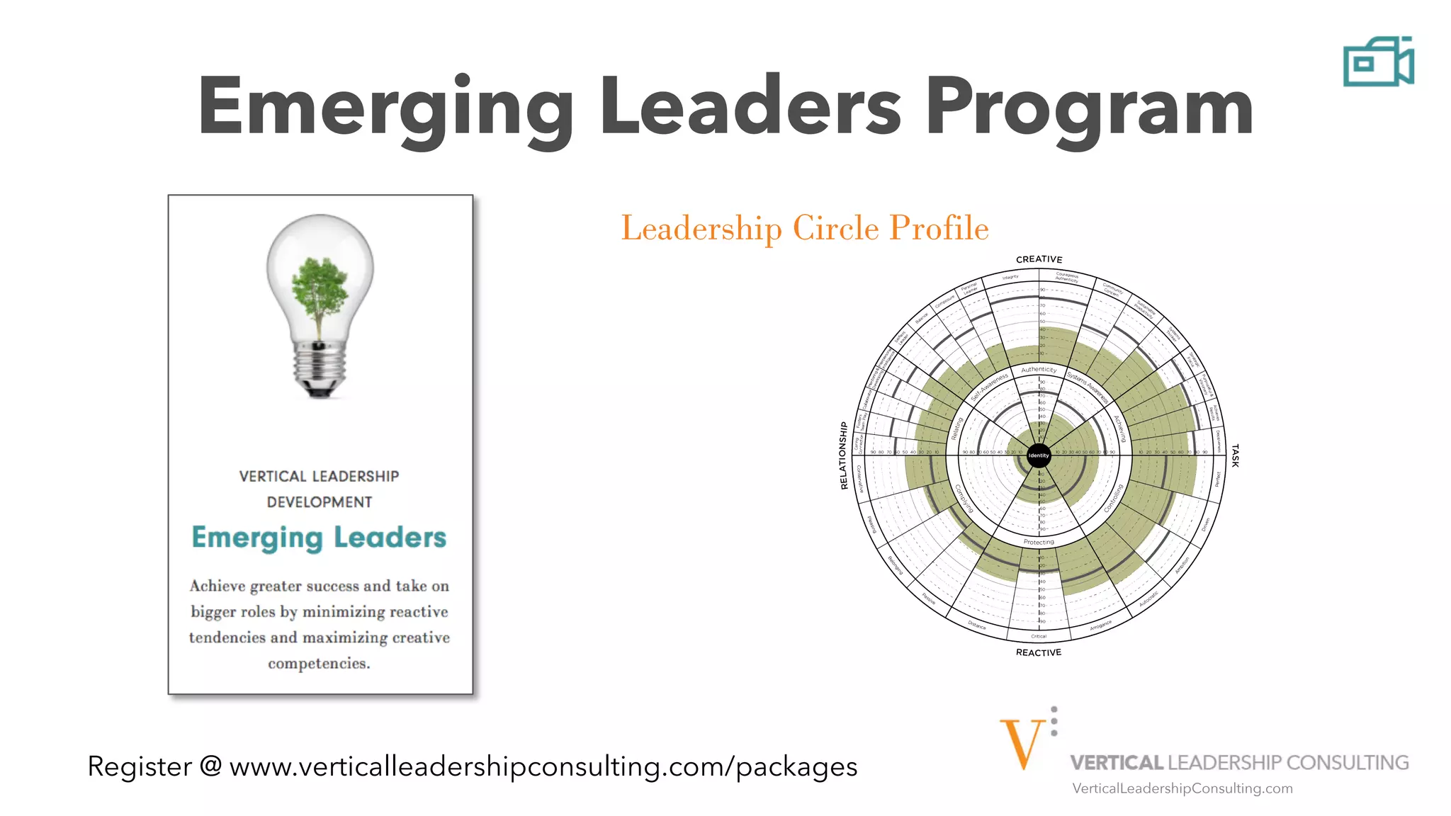 VerticalLeadershipConsulting.com
Emerging Leaders Program
Leadership Circle Profile
Register @ www.verticalleadershipconsulting.com/packages
 