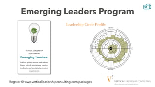VerticalLeadershipConsulting.com
Emerging Leaders Program
Leadership Circle Profile
Register @ www.verticalleadershipconsulting.com/packages
 