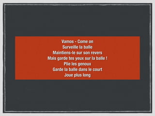 Vamos - Come on
Surveille la balle
Maintiens-le sur son revers
Mais garde tes yeux sur la balle !
Plie les genoux
Garde la balle dans le court
Joue plus long
 