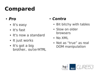 Compared
● Pro
● It's easy
● It's fast
● It's now a standard
● It just works
● It's got a big
brother.. outerHTML
● Contra
● Bit bitchy with tables
● Slow on older
browsers
● No XML
● Not as “true” as real
DOM manipulation
 