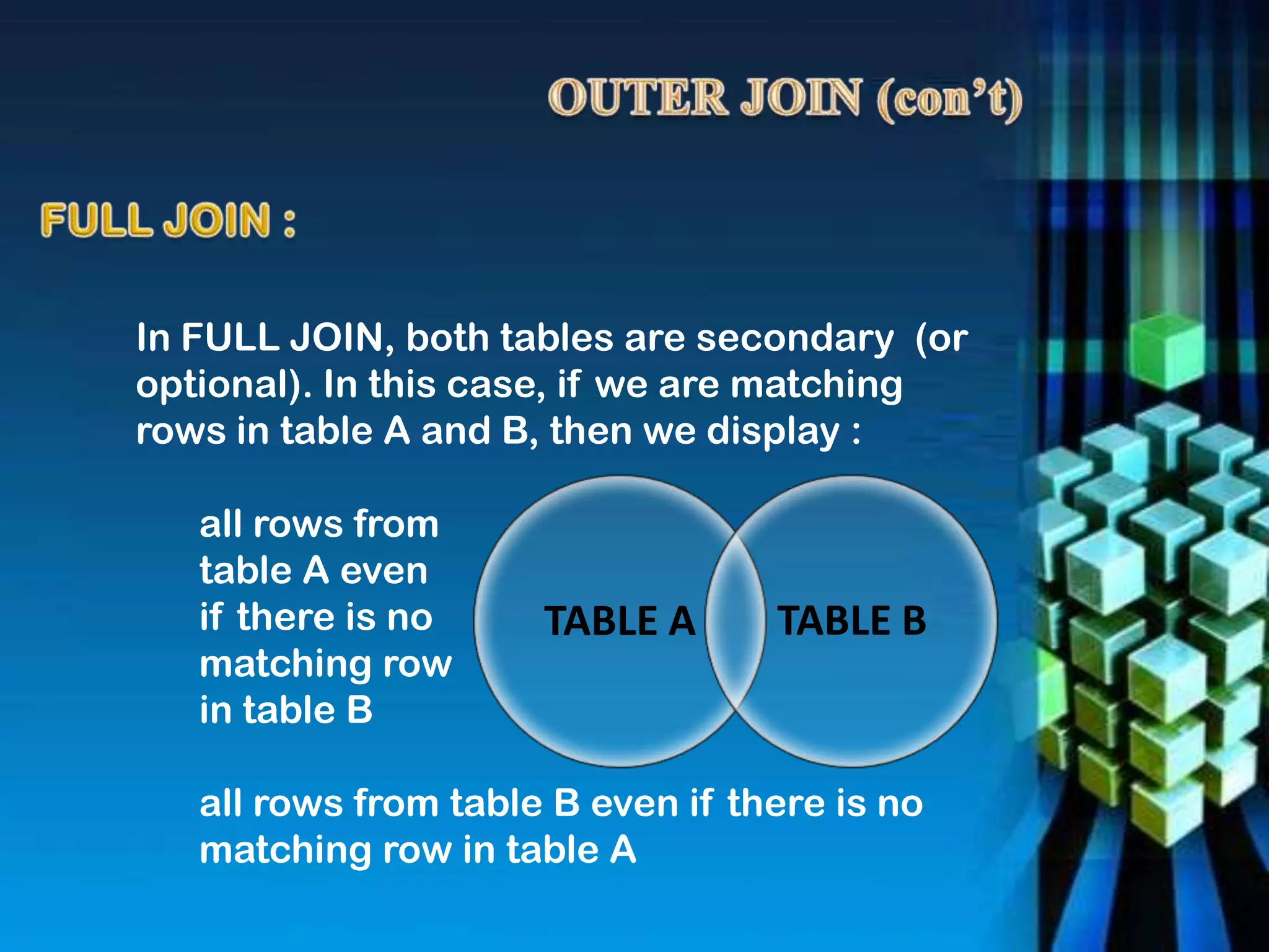 In FULL JOIN, both tables are secondary (or
optional). In this case, if we are matching
rows in table A and B, then we display :
all rows from
table A even
if there is no
matching row
in table B
all rows from table B even if there is no
matching row in table A
TABLE A TABLE B
 