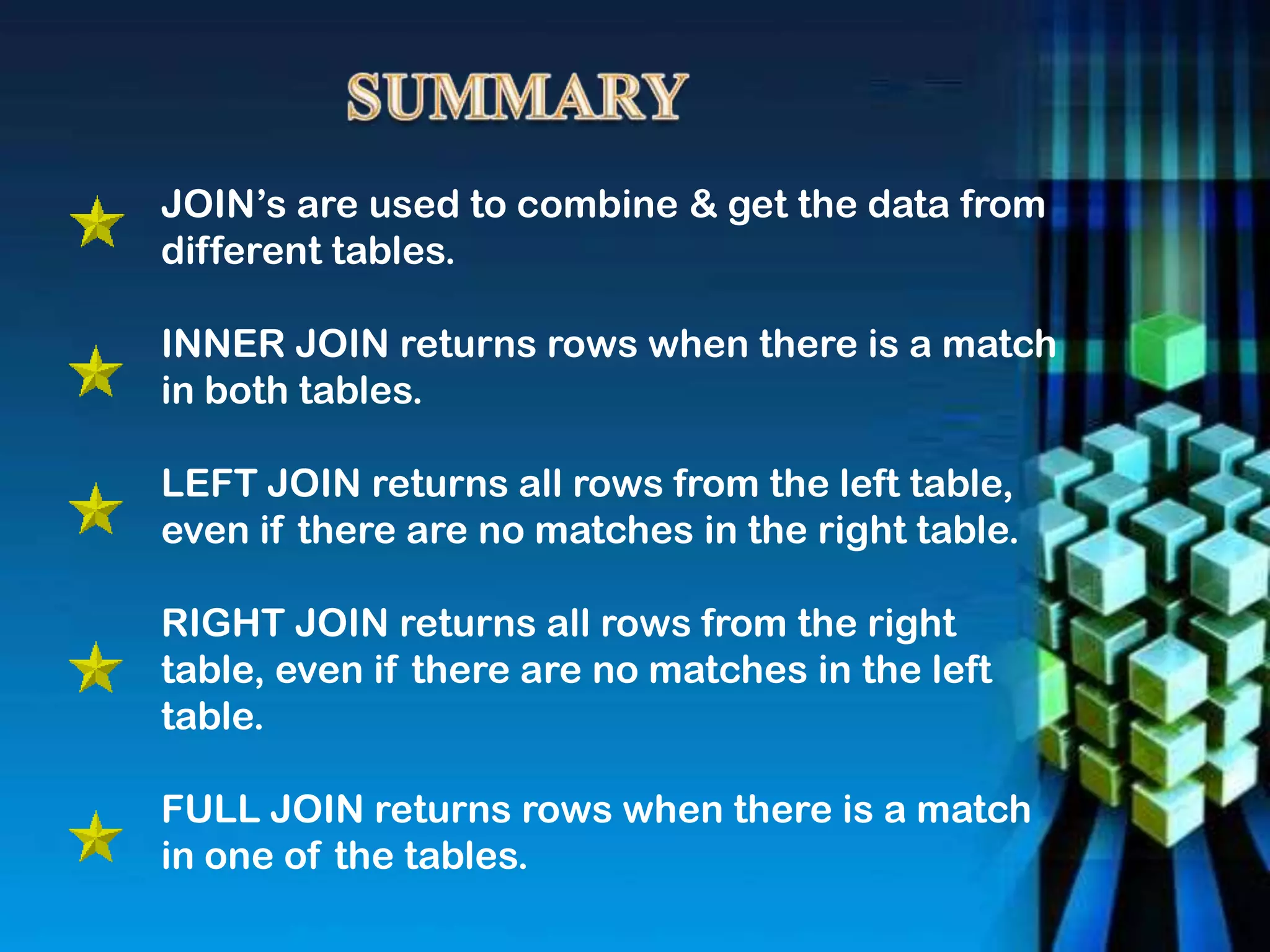 JOIN’s are used to combine & get the data from
different tables.
INNER JOIN returns rows when there is a match
in both tables.
LEFT JOIN returns all rows from the left table,
even if there are no matches in the right table.
RIGHT JOIN returns all rows from the right
table, even if there are no matches in the left
table.
FULL JOIN returns rows when there is a match
in one of the tables.
 