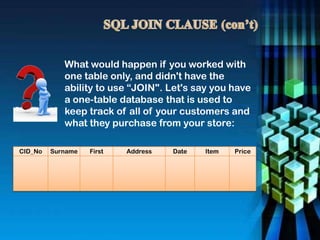 What would happen if you worked with
one table only, and didn't have the
ability to use “JOIN". Let's say you have
a one-table database that is used to
keep track of all of your customers and
what they purchase from your store:
CID_No Surname First Address Date Item Price
 