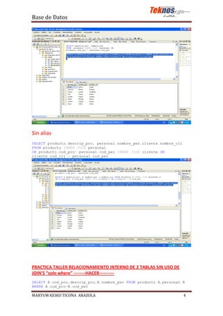 Base de Datos




Sin alias
SELECT producto.descrip_pro, personal.nombre_per,cliente.nombre_cli
FROM producto INNER JOIN personal
ON producto.cod_pro= personal.cod_per INNER JOIN cliente ON
cliente.cod_cli = personal.cod_per




PRACTICA TALLER RELACIONAMIENTO INTERNO DE 2 TABLAS SIN USO DE
JOIN’S “solo where” --------HACER----------
SELECT A.cod_pro,descrip_pro,B.nombre_per FROM producto A,personal B
WHERE A.cod_pro=B.cod_per

MARYUM KEIKO TICONA ARAZOLA                                           4
 