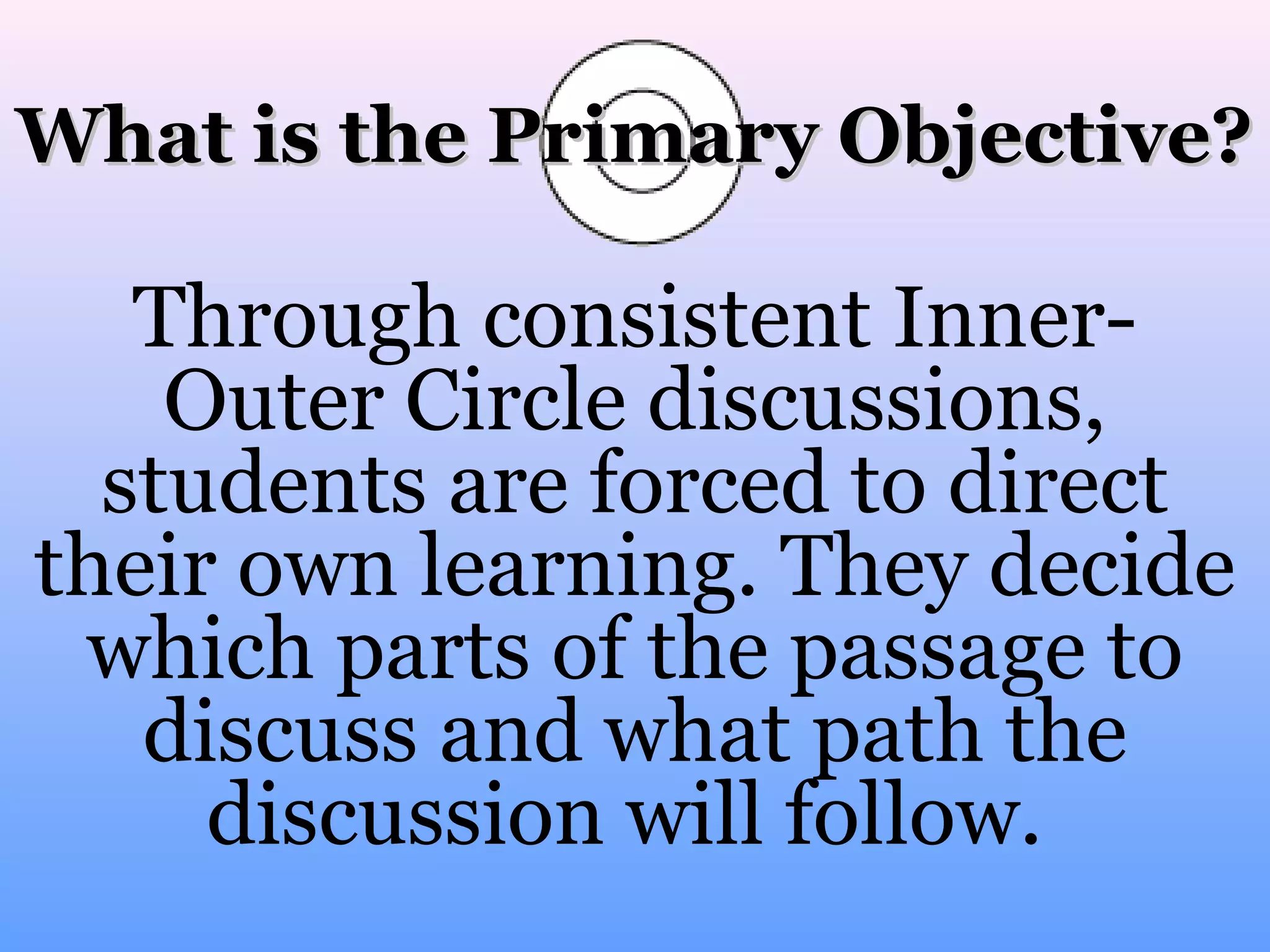 What is the Primary Objective?

Through consistent InnerOuter Circle discussions,
students are forced to direct
their own learning. They decide
which parts of the passage to
discuss and what path the
discussion will follow.

 