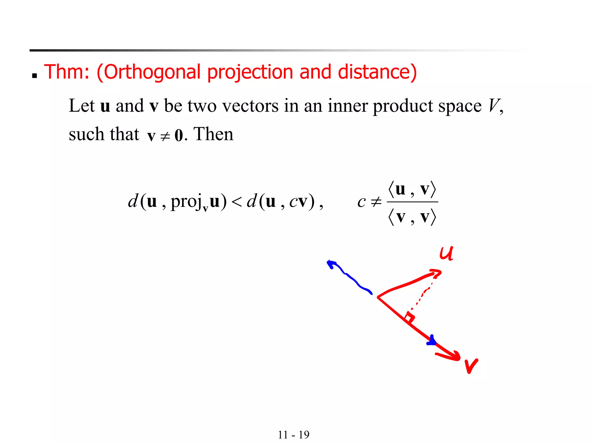 11 - 19
◼ Thm: (Orthogonal projection and distance)
Let u and v be two vectors in an inner product space V,
such that . Then0v 



vv
vu
vuuu v
,
,
,),()proj,( ccdd
 