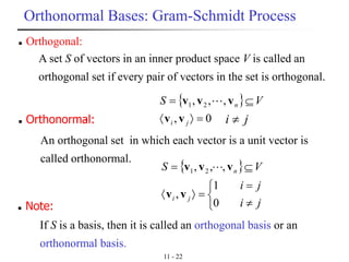11 - 22
Orthonormal Bases: Gram-Schmidt Process
◼ Orthogonal:
A set S of vectors in an inner product space V is called an
orthogonal set if every pair of vectors in the set is orthogonal.
◼ Orthonormal:
An orthogonal set in which each vector is a unit vector is
called orthonormal.
 




=
=
=
ji
ji
VS
ji
n
0
1
,
,,, 21
vv
vvv
 
0,
,,, 21
=
=
ji
n VS
vv
vvv 
ji 
◼ Note:
If S is a basis, then it is called an orthogonal basis or an
orthonormal basis.
 